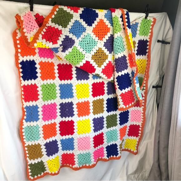 Vintage Colorful Granny Square Flower Knit Quilt - Picture 2 of 5